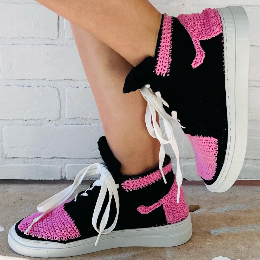 Handmade Knitted Crochet Pink and Black Tennis Shoes High Top Sneakers School